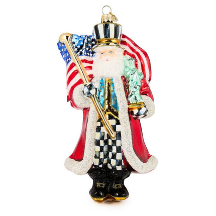 SANTA WITH FLAG GLASS ORNAMENT
