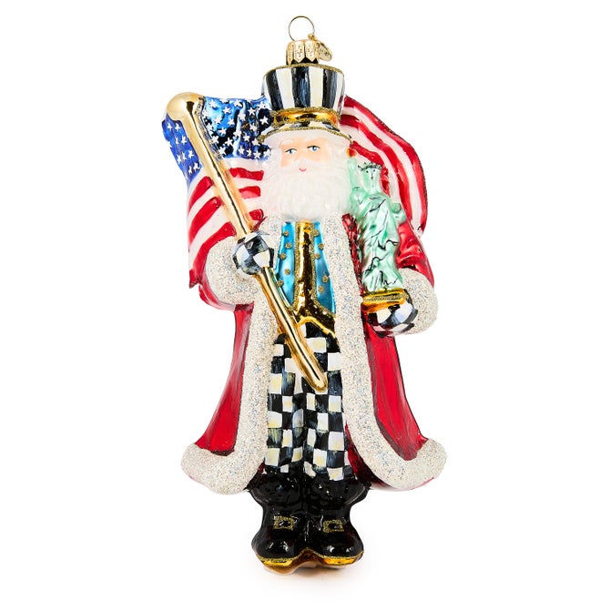 SANTA WITH FLAG GLASS ORNAMENT